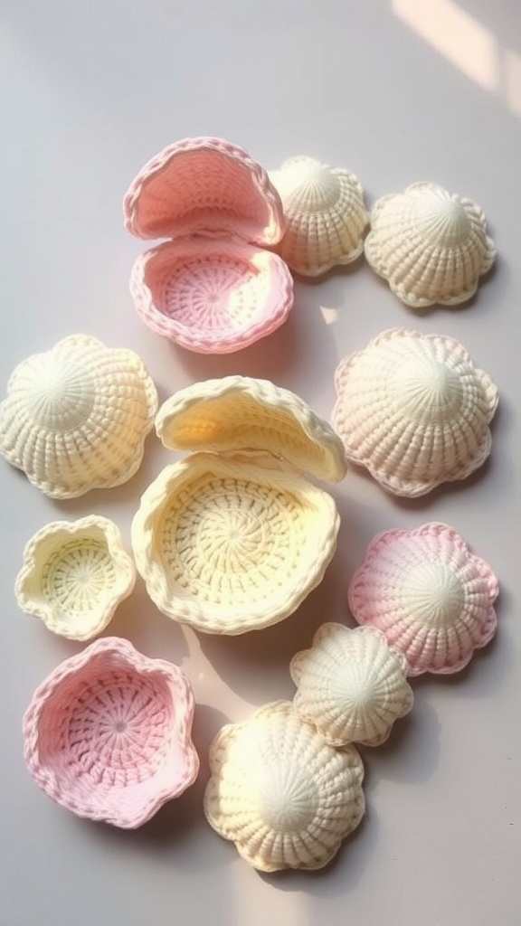 Colorful crochet clam shells in pastel shades arranged on a soft background.